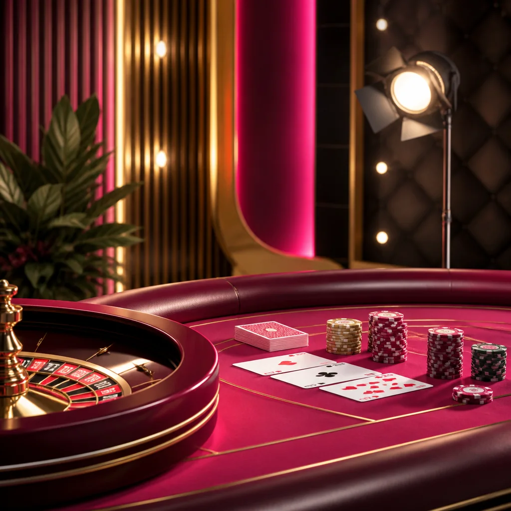 Scena gier live DelOro Casino z kartami i stołem krupiera